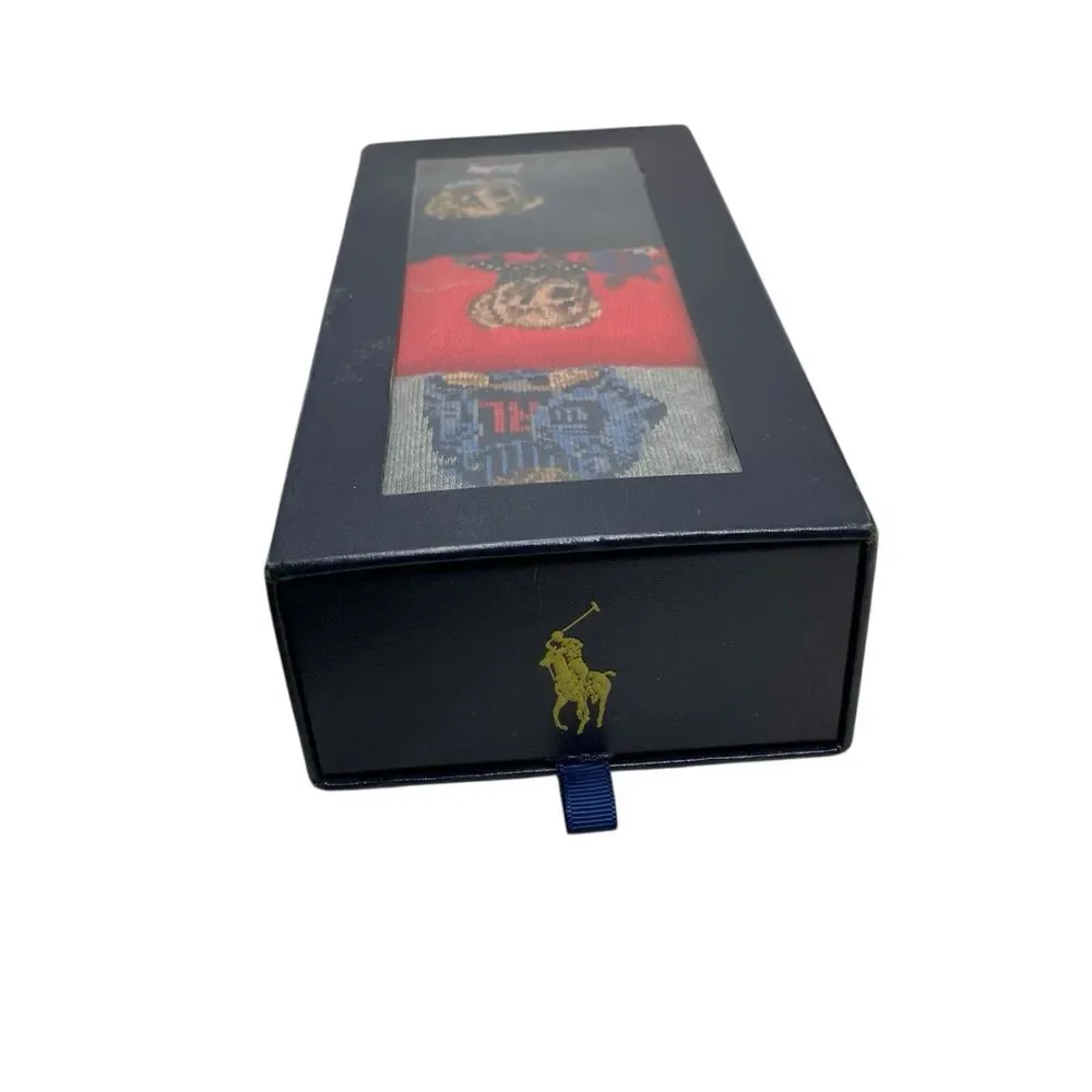 Polo Ralph Lauren Bear Crew Socks Mens 10-13 Cotton Gift Box 3 Pack‎ Red Gray
